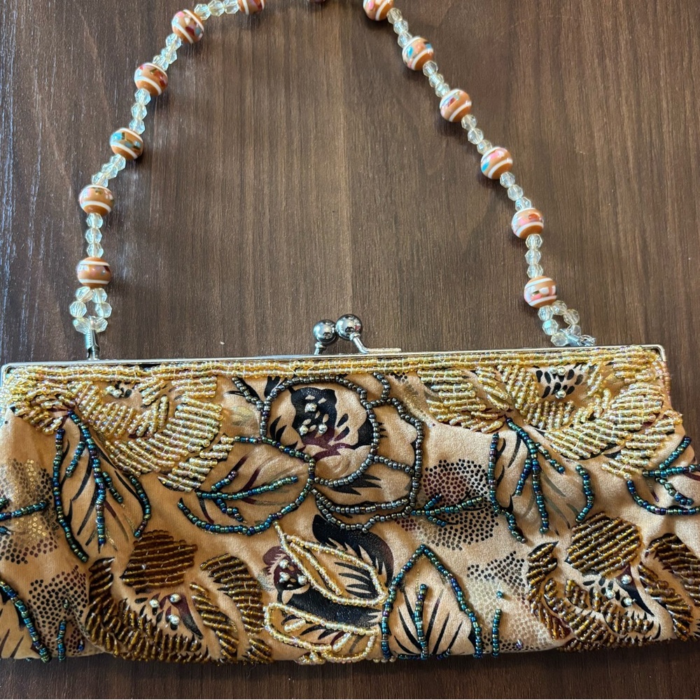 Tan and Black Floral Clutch with Beaded Handle